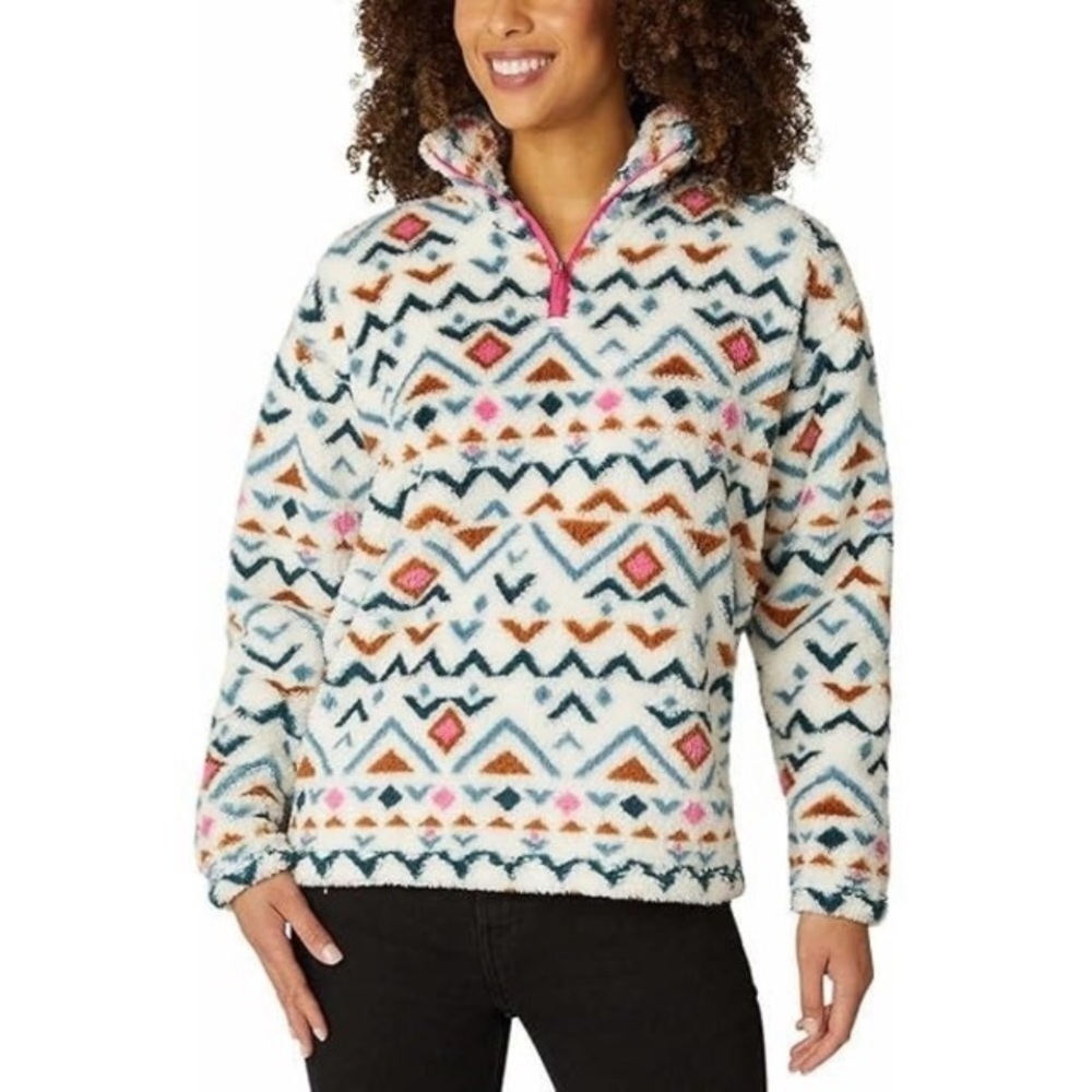 Eddie Bauer Fleece Aztec Pullover Sweater Top Women’s Size Large Blue Cream